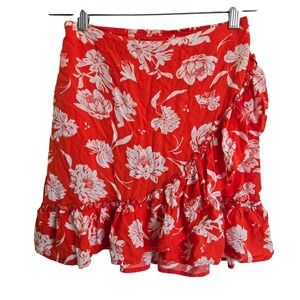 Free People Small Red White Floral Mini Skirt Ruffle Hem Boho‎ Festival Style